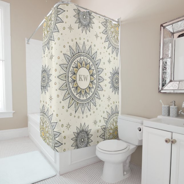 Grau Gold Mandala Muster Monogramm Duschvorhang (Beispiel)