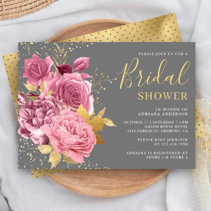 Grau Gold Staubiges Mauve Rosa Blumige Hochzeitsdu Einladung
