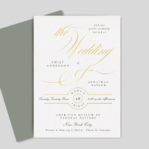 Grau Grün Weiße Elegante Kalligrafie Hochzeit Gold Folieneinladung