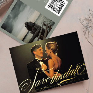 Grau Grüne Elegante Gold Kalligrafie QR Code Foto Folieneinladung