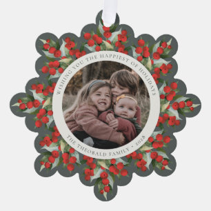 Grau-grüne rote Beeren+Grünpflanzen Feiertagspapie Ornament Karte