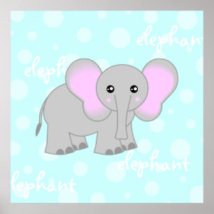 Grau / Hellblauer Baby Elefant Süßer Poster Druck