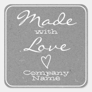 Grau hergestellt mit Liebe Labels Kraft Paper Hear Quadratischer Aufkleber