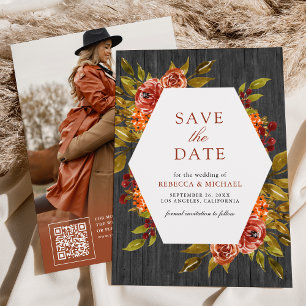 Grau Holz verbranntes Orange Blumen Herbst Hochzei Save The Date