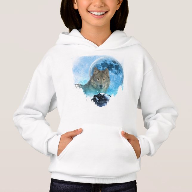 Grau-Holz-Wolf Vollmond-Flucht Hoodie (Vorderseite)