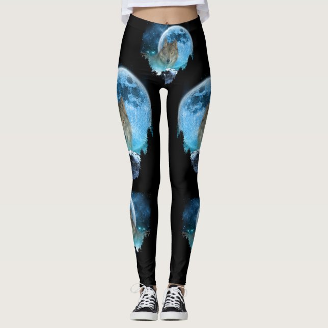 Grau-Holz-Wolf Vollmond-Flucht Leggings (Vorderseite)