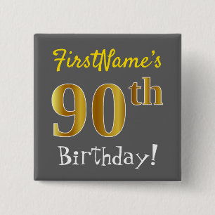 Grau, Imitat-Gold90. Geburtstag, mit individuellem Button