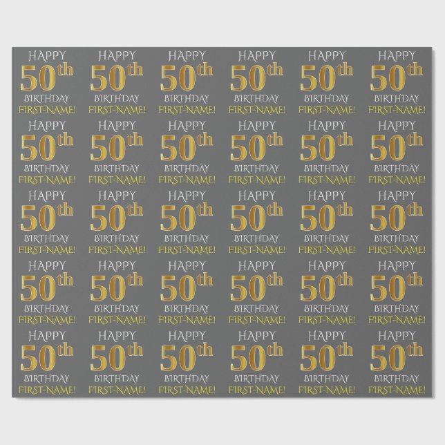 Grau, Imitat-Gold "GLÜCKLICHER 50. GEBURTSTAG " Geschenkpapier (Flach)