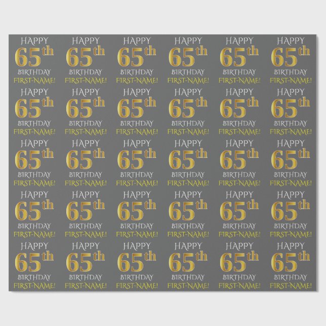Grau, Imitat-Gold "GLÜCKLICHER 65. GEBURTSTAG " Geschenkpapier (Flach)