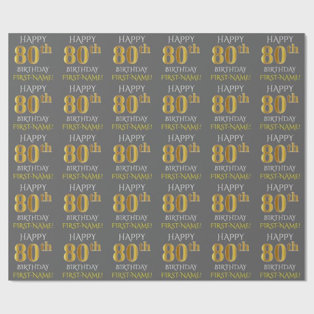 Grau, Imitat-Gold "GLÜCKLICHER 80. GEBURTSTAG " Geschenkpapier (Flach)