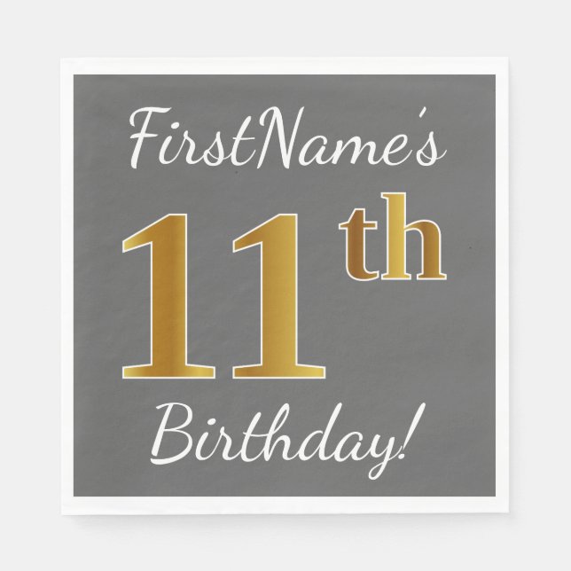 Grau, Imitate Gold 11. Geburtstag + Individuelle N Serviette (Vorderseite)