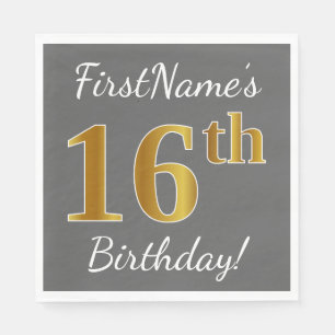 Grau, Imitate Gold 16. Geburtstag + Individuelle N Serviette