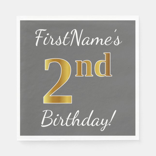 Grau, Imitate Gold 2. Geburtstag + Individuelle Na Serviette (Vorderseite)