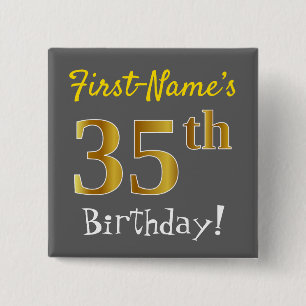 Grau, Imitate Gold 35. Geburtstag, mit Individuell Button