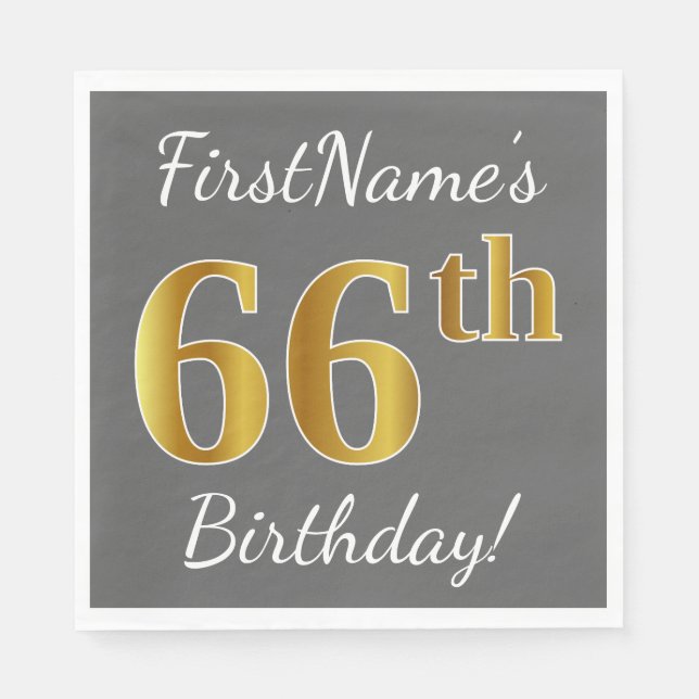 Grau, Imitate Gold 66. Geburtstag + Individuelle N Serviette (Vorderseite)