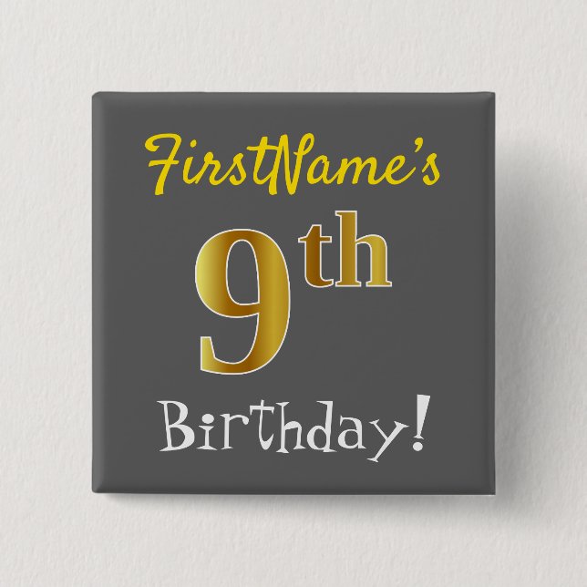 Grau, Imitate Gold 9. Geburtstag, mit Individuelle Button (Vorderseite)