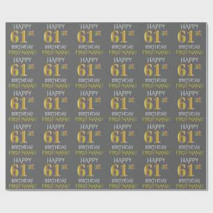 Grau, Imitate Gold "HAPPY 61. BIRTHDAY" Geschenkpapier