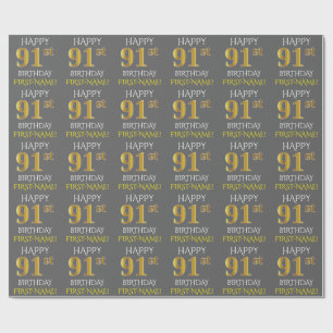 Grau, Imitate Gold "HAPPY 91. BIRTHDAY" Geschenkpapier