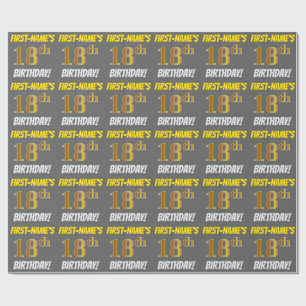 Grau, Imitate/Nachahmungen Gold, "18. BIRTHTAG" Geschenkpapier