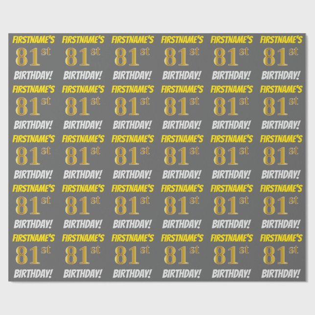 Grau, Imitate/Nachahmungen Gold, "81. BIRTHTAG" Geschenkpapier (Flach)