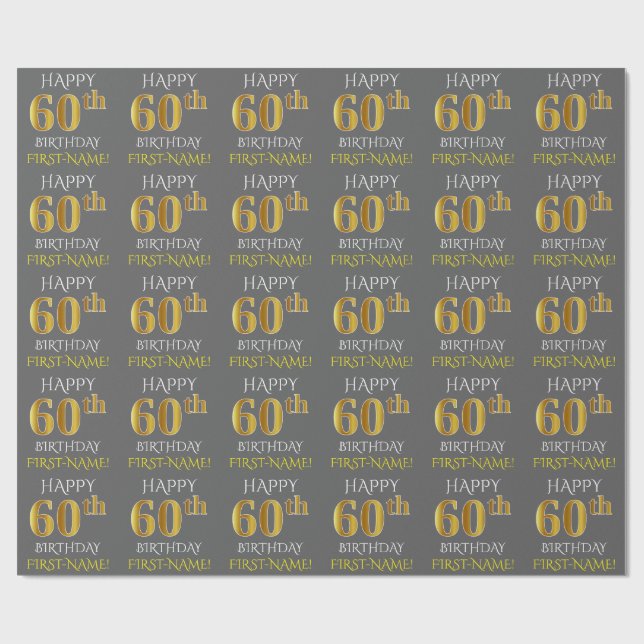 Grau, Imitats Gold "HAPPY 60. BIRTHDAY" Geschenkpapier (Flach)