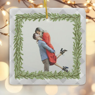 Grau Kariert Gingham Foto 1. Weihnachten Verheirat Keramikornament