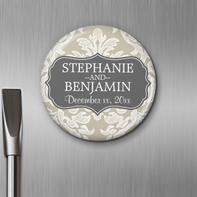 Grau & Linen Beige Damask Muster Gastgeschenk Hoch Magnet (Personalized magnet)