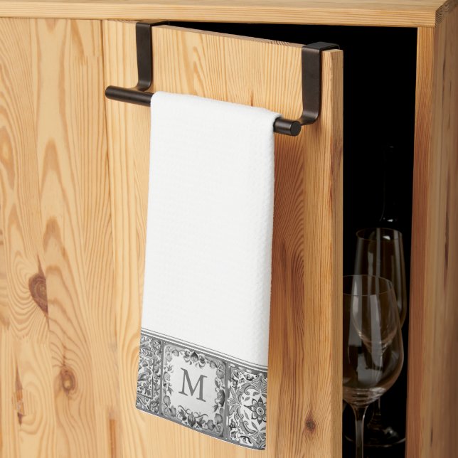 Grau mediterrane Tile Personal Custom Monogram Geschirrtuch (Drittel gefaltet)