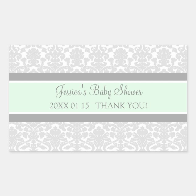 Grau Mint Damask Baby Shower Pflegeaufkleber Rechteckiger Aufkleber (Vorderseite)
