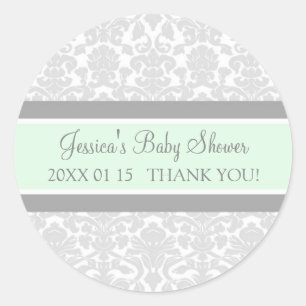 Grau Mint Damask Baby Shower Pflegeaufkleber Runder Aufkleber