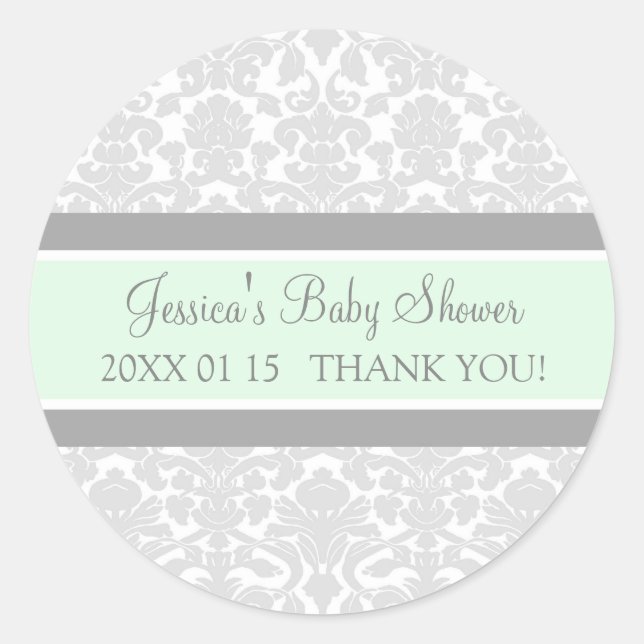 Grau Mint Damask Baby Shower Pflegeaufkleber Runder Aufkleber (Vorderseite)