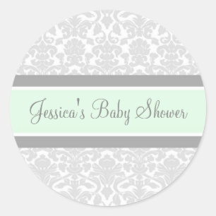 Grau Mint Damask Baby Shower Pflegeaufkleber Runder Aufkleber