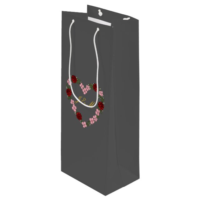 grau mit Blumenkrone Geschenktüte Für Weinflaschen (Vorderseite Schrägansicht)