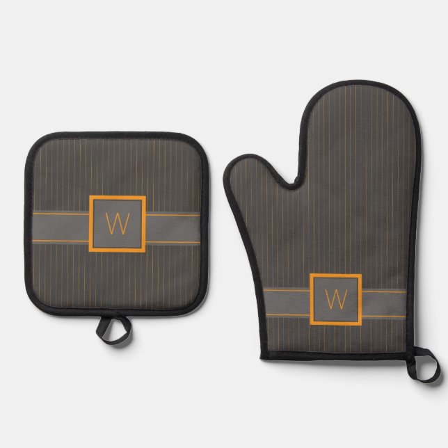 Grau mit Orange Pinstripes Ofenhandschuh & Topflappen-Set (Vorderseite)