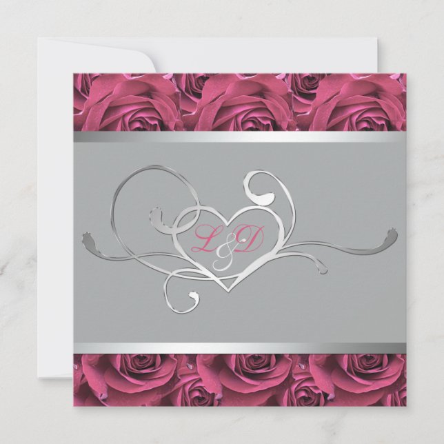 Grau mit rosa Rosen Mit Monogramm Einladung (Vorderseite)