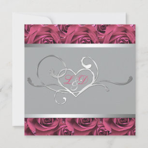 Grau mit rosa Rosen Mit Monogramm Einladung