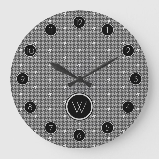 Grau mit Silver Accent Hahnentrittmuster Clock Große Wanduhr (Vorderseite)