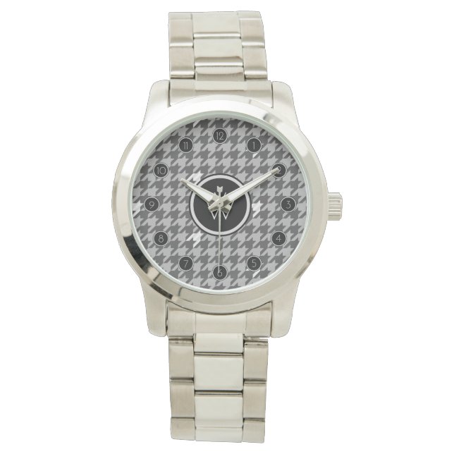Grau mit Silver Accent Hahnentrittmuster Watch Armbanduhr (Vorderseite)
