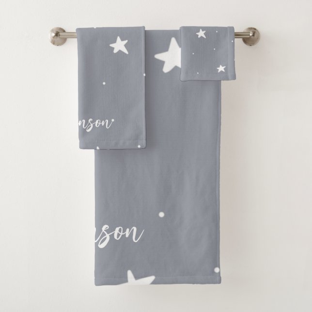 Grau mit White Stars Personalisiert Badhandtuch Set (Insitu)