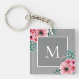 Grau | Monogramm-Schlüsselring für florales Foto Schlüsselanhänger