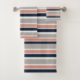 Grau Navy Blue Pink Coastal Stripes Muster Badhandtuch Set
