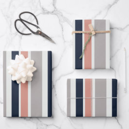Grau Navy Blue Pink Coastal Stripes Muster Geschenkpapier Set