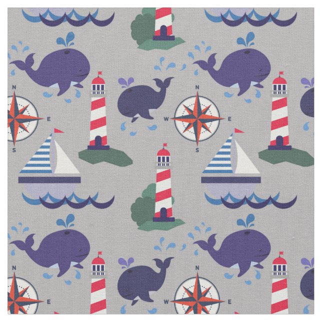 Grau, Navy Blue und Red, Wale | nautisch Stoff (Nahaufnahme)