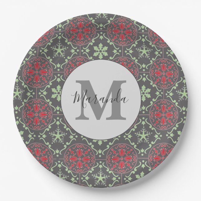 Grau-Nordic Snowflake Winter Monogram Muster Pappteller (Vorderseite)