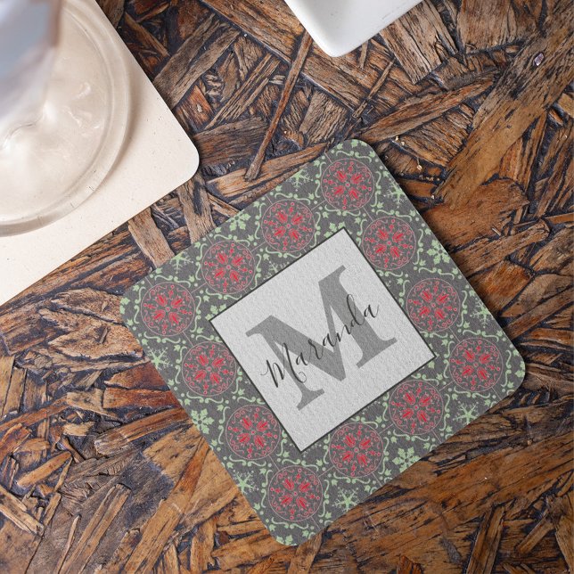 Grau-Nordic Snowflake Wintermuster Monogramm Rechteckiger Pappuntersetzer (Gray Nordic snowflake winter monogram coaster with elegant Scandinavian holiday pattern decor.)