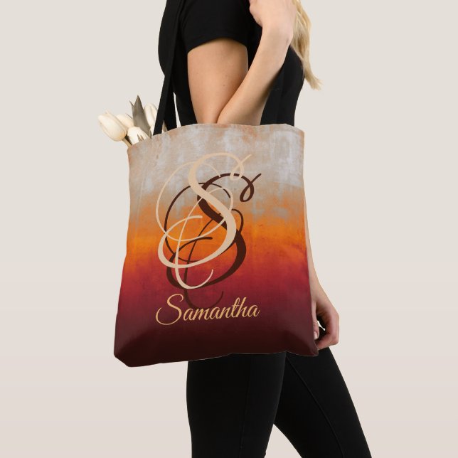 Grau Orange Red Burgund rustikale Monogramm ombre (Von Nahem)