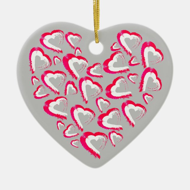Grau-Ornament Rot und Weiß Herz Keramik Ornament (Vorne)