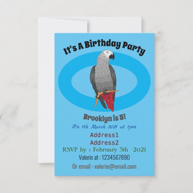 Grau-Papagei-Cartoon Einladung (Vorderseite)