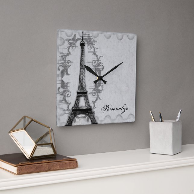 Grau Paris Grunge Wall Clock Quadratische Wanduhr (Büro)
