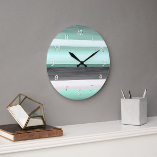Grau Pastell Mintgrün Wasserfarben Streifen Muster Große Wanduhr